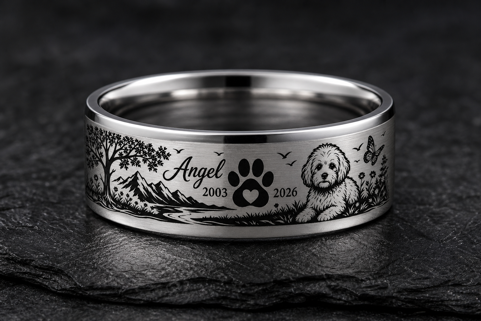 Generated AI ring design mockup for an Angel Maltipoo memorial ring