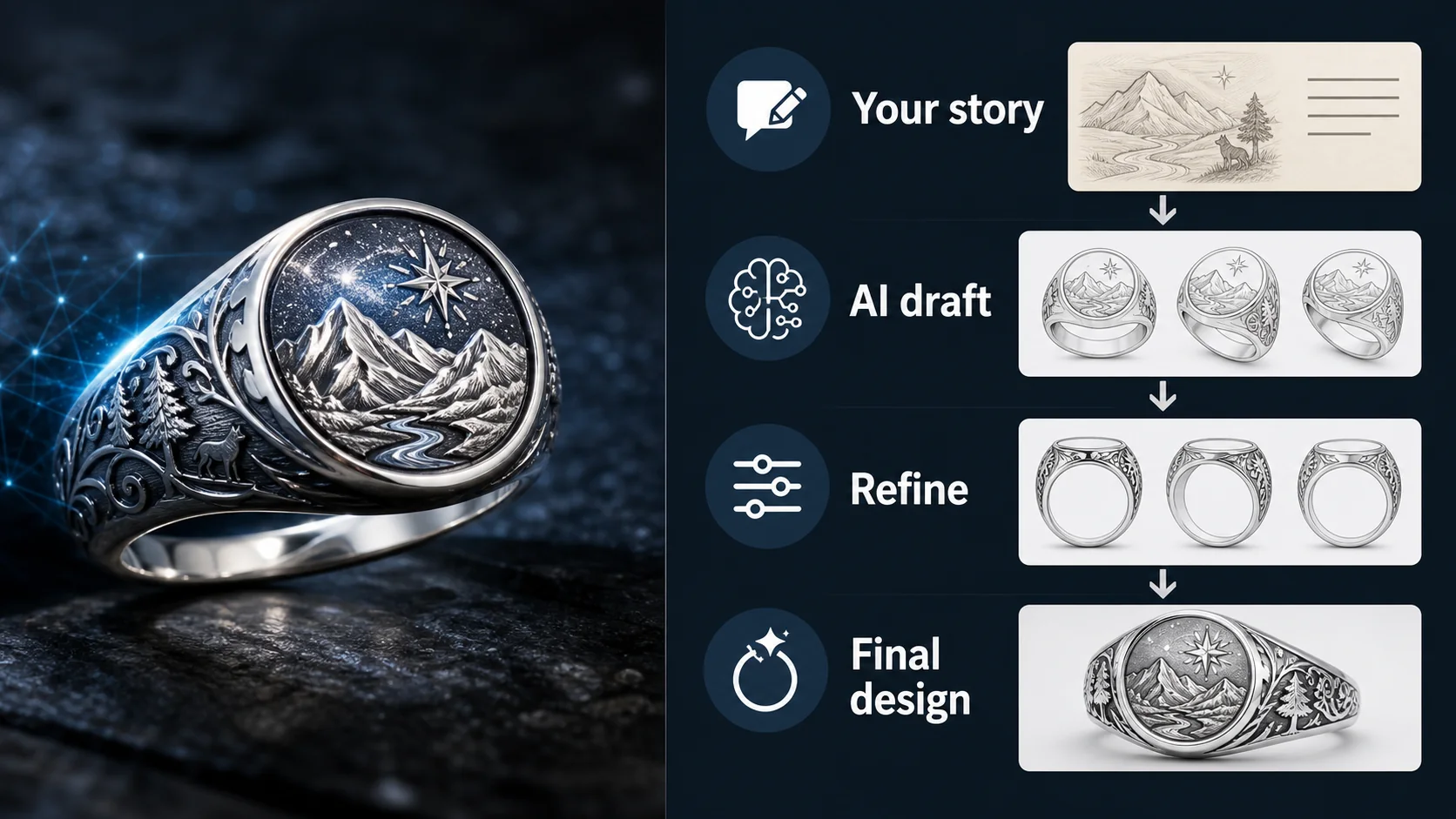 Educational diagram for ai ring designer showing Your story, AI draft, Refine, Final design