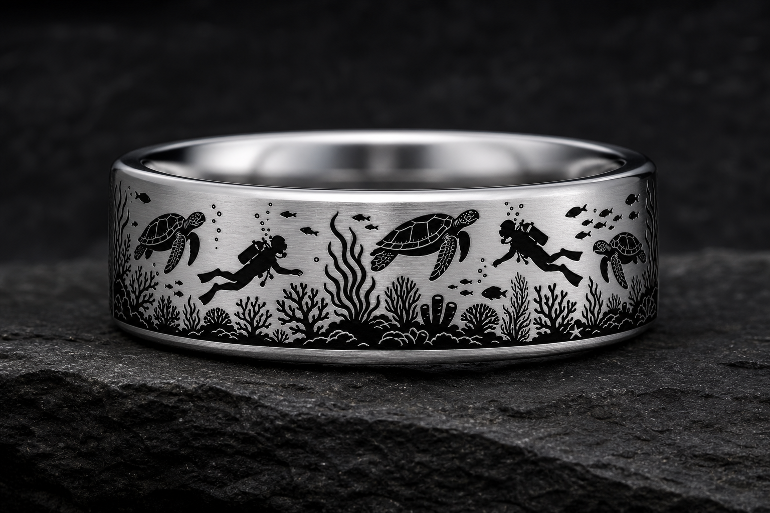 AI-assisted tungsten ring design mockup with scuba divers, sea turtles, coral, and ocean engraving detail.